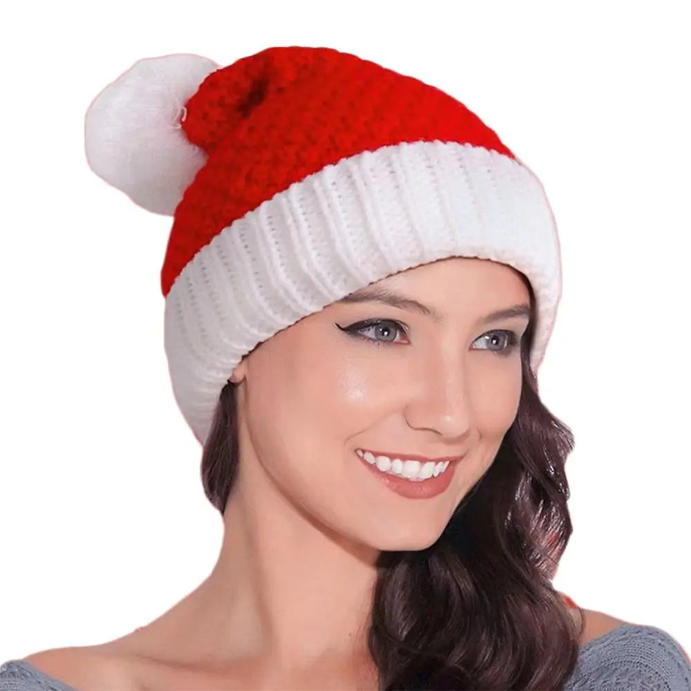 Fashion Fur Pom Poms Christmas Hat Winter Thick Santa Claus Cap Holiday Plush Xmas Gifts for Adults