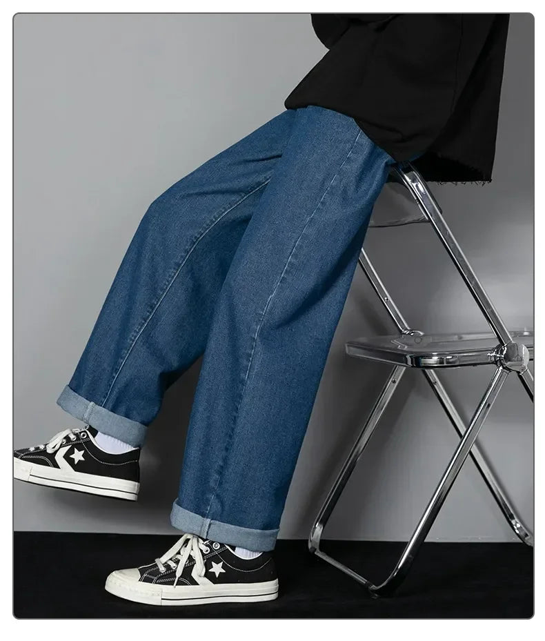 2024 New Men's Fashion Jeans Korean Style Solid Color Loose Straight Wide Leg Casual Denim Long Pants Classic Style Male