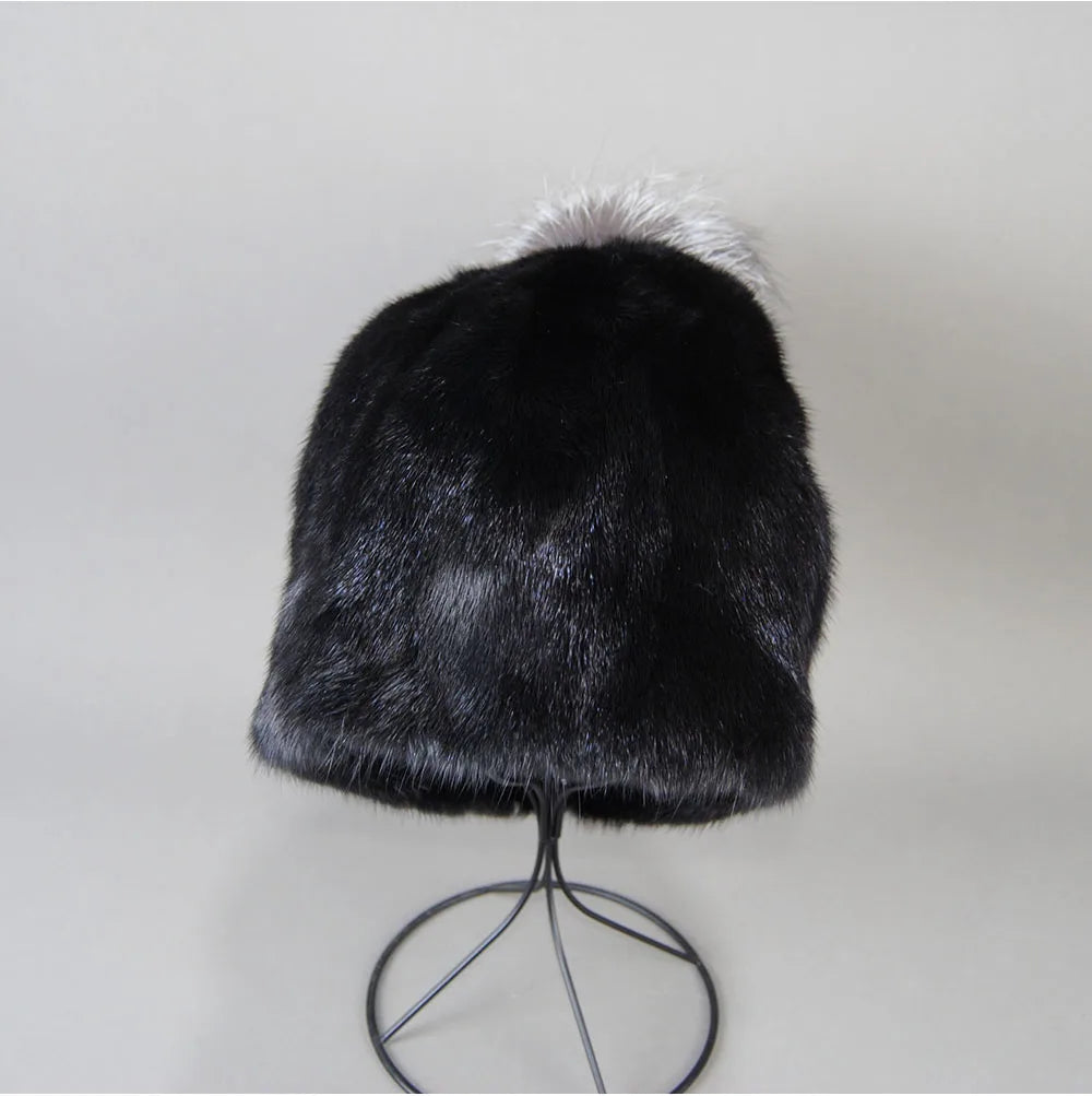 2023 Winter Real Natural Mink Fur Fox Hat for Women Thicken Warm Casual Pom New High Quality Girl Bobble  Christmas Knitted Cap