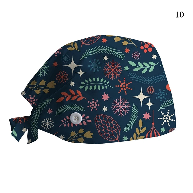 New Christmas Scrubs Caps Santa Claus Print Cap Pet Grooming Agency Work Scrubs Hat Beauty Work Hats Lab Nursing Cap