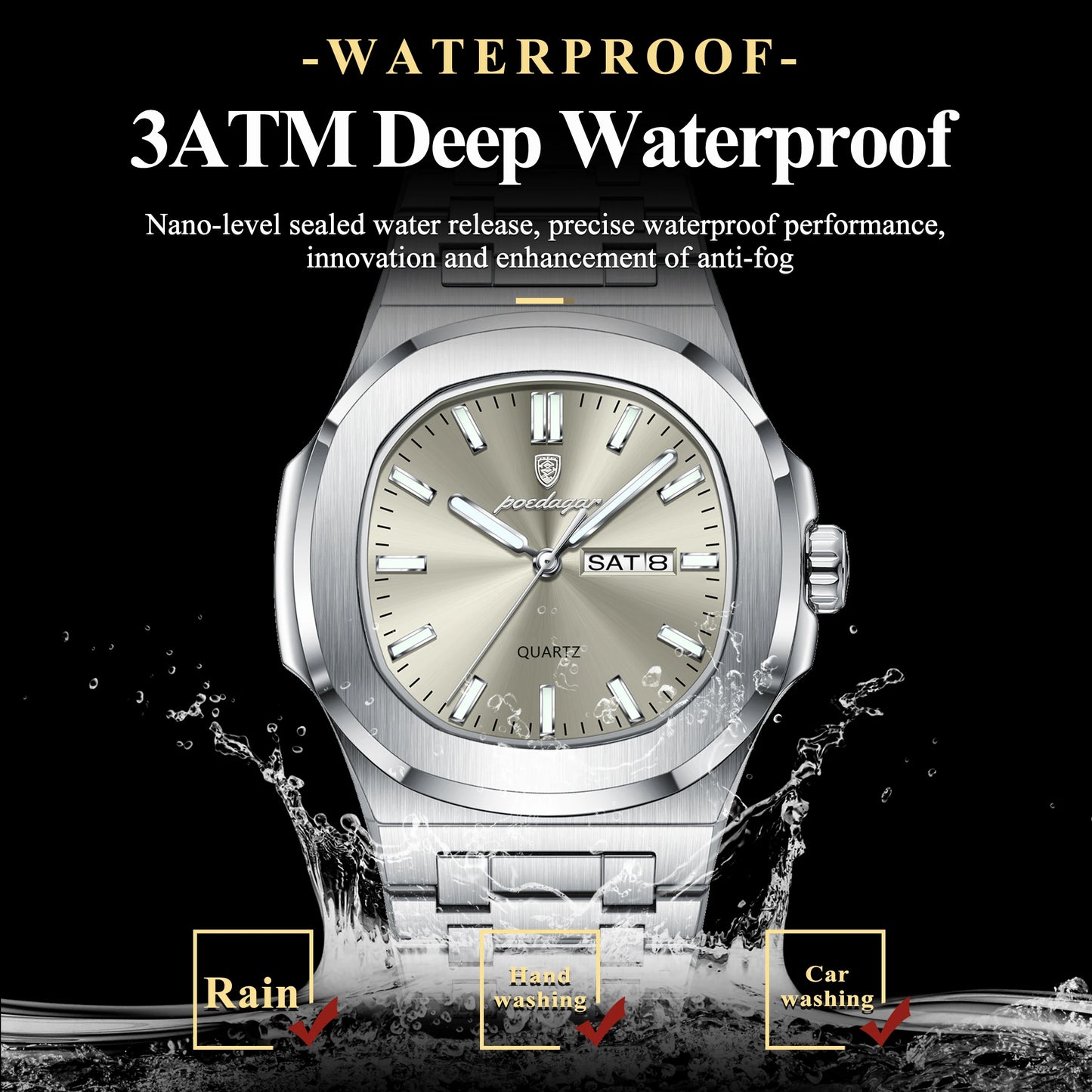 POEDAGAR Luxury Military Man Watch Square Waterproof Luminous Date Week Men Watch Stainless Steel Quartz Men's Watches Reloj+box