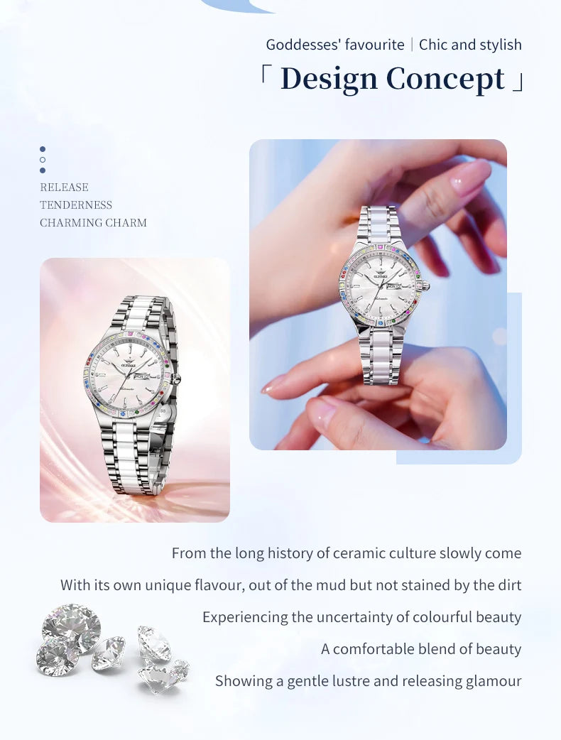 OUPINKE Mechanical Watch for Women Stainless steel Ceramic Strap Sapphire Mirror Waterproof Luminous Calendar Week Ladies Watch