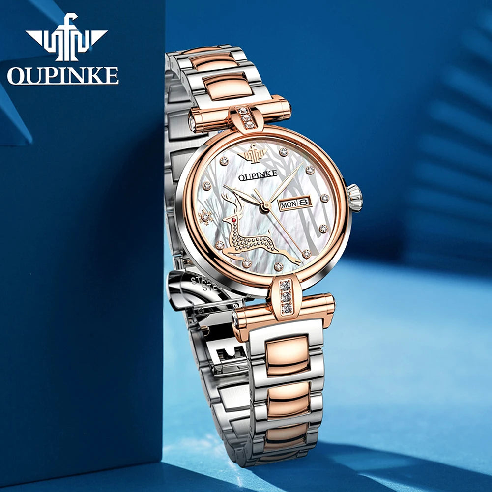 OUPINKE 3180 Luxury Women Automatic Mechanical Watch Elegant Ceramic Elk Diamond Waterproof Watch Fashion Women Watch Girl Gift