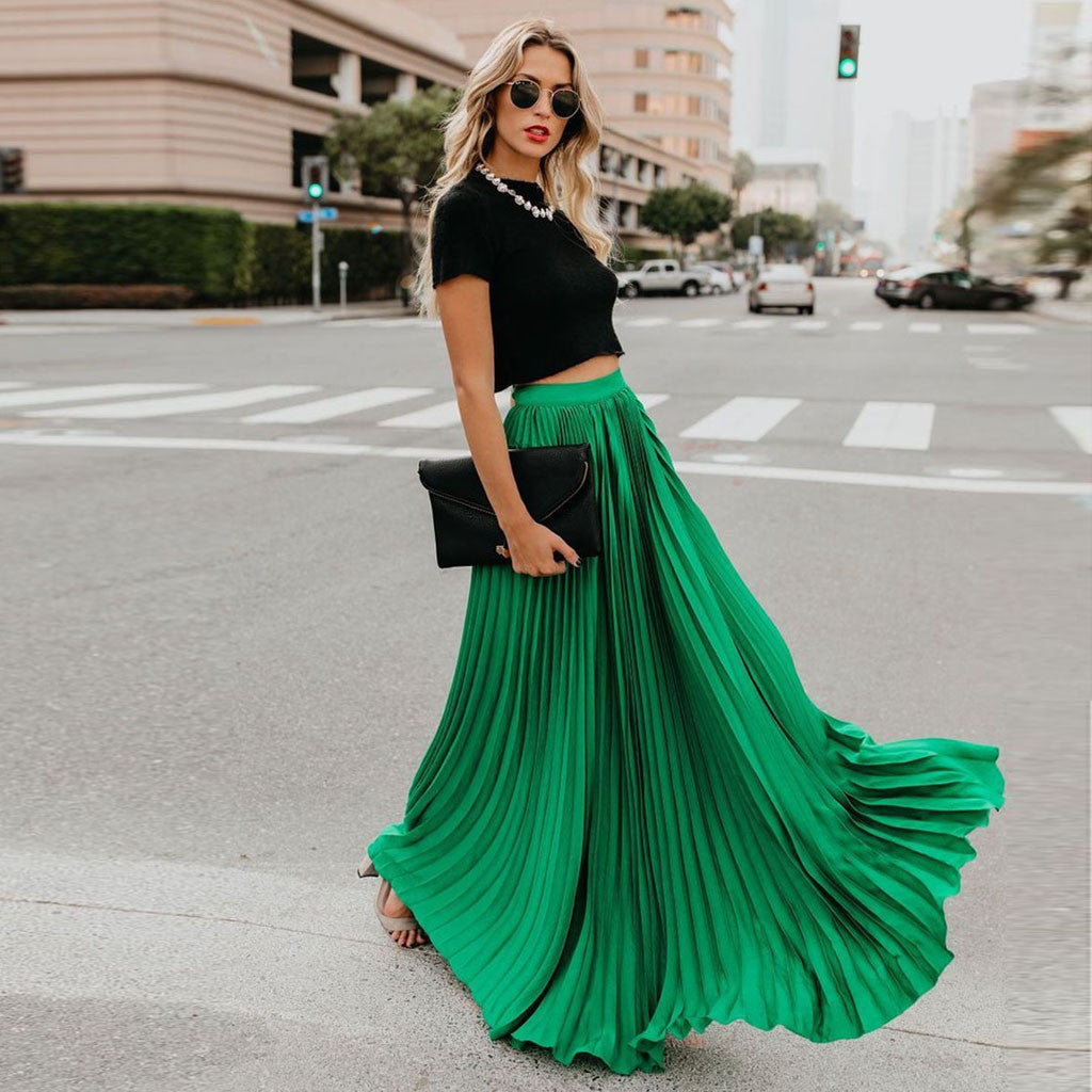 2022 Fashion Womens A-line Pleated Red Skirts Summer Jupe Longue Elastic Vintage Elegant Chic Loose Long Skirt Dropshipping