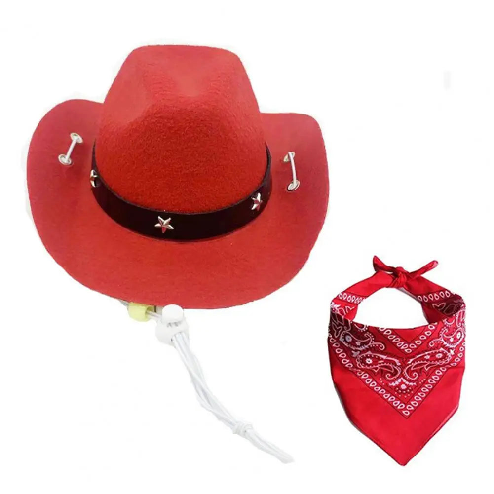 Pet Cowboy Hat Scarf Set Adjustable Buckle Pet Bandana Stylish Western Cowboy Dog Costume Set Breathable Hat Adjustable for Dogs