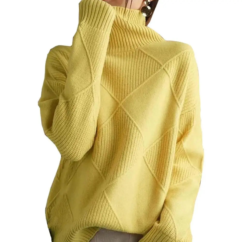 Turtleneck Sweater Long-Sleeve High Neck Sweater Loose Solid Color Knit Pullover Tops For Women Autumn Winter