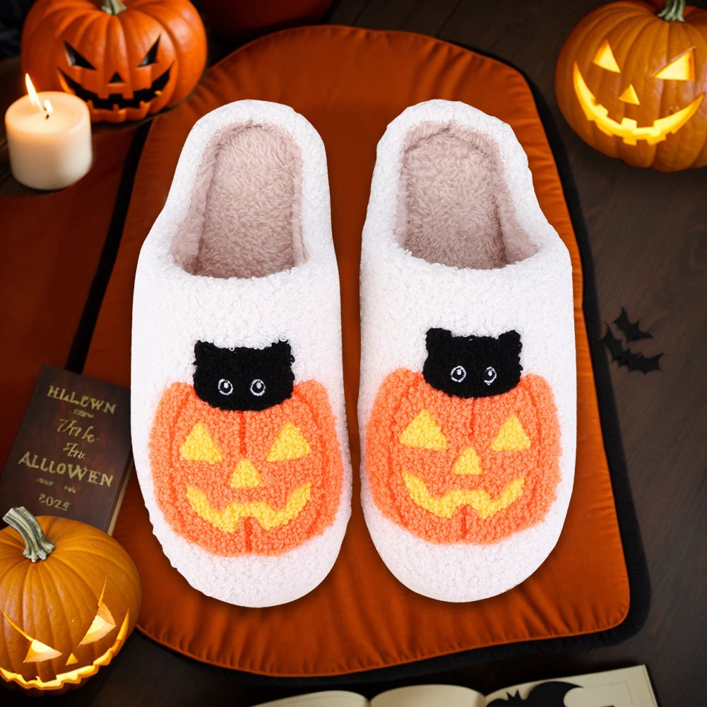 Men Women Slippers Cute Halloween Pumpkin Cat Casual Slippers for Winter Indoor Thermal Shoes Anti Slip Fluffy Footwear Slides