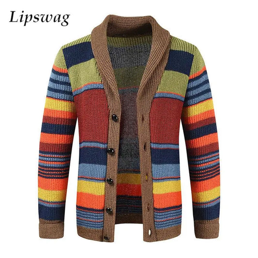 Fashion Colorful Striped Sweater Cardigans Mens Fall Winter Vintage Turn-down Collar Button Knit Jacket Coat Men Casual Sweaters