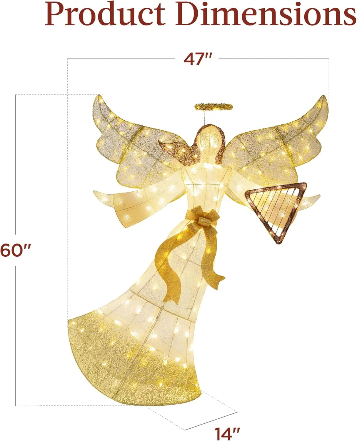 5ft Lighted Outdoor Angel Christmas Decoration, Pre-Lit Winged Holiday Figure for Lawn w/ 140 LED Lights, Harp, Bow