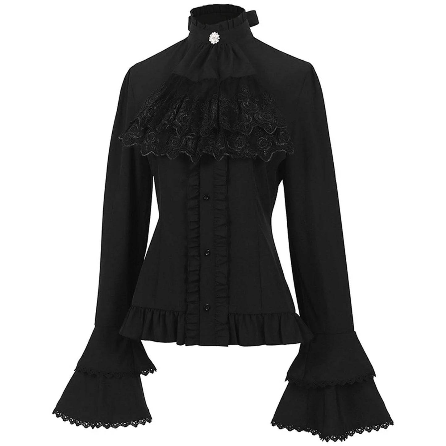 Elegant French Style Solid Shirt for Women Stand Flare Long Sleeve Lace Embroidery Ruffles Bandage Top Gothic Vintage Blouse