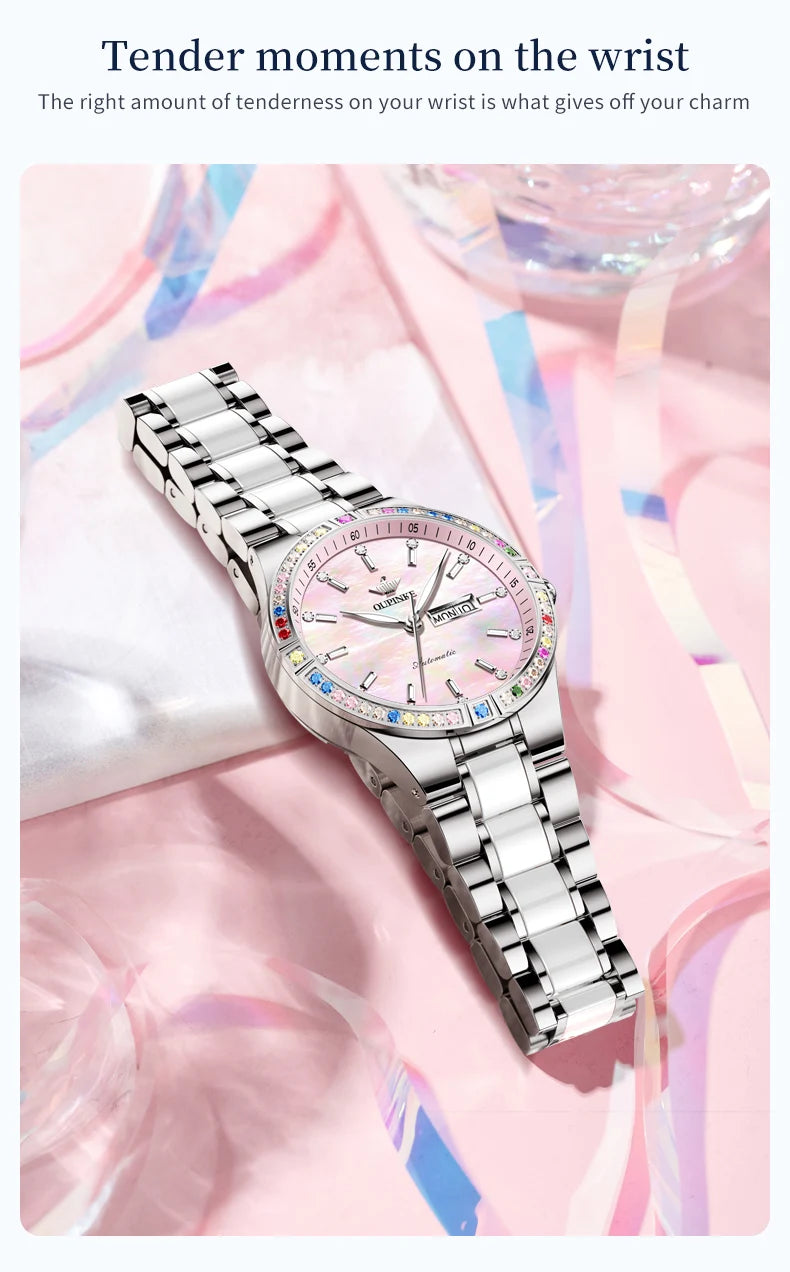 OUPINKE 3283 Women's Watch Elegant Ceramic Strap Luxury Brand Sapphire Calendar Week Waterproof Women Automatic Mechanical Watch