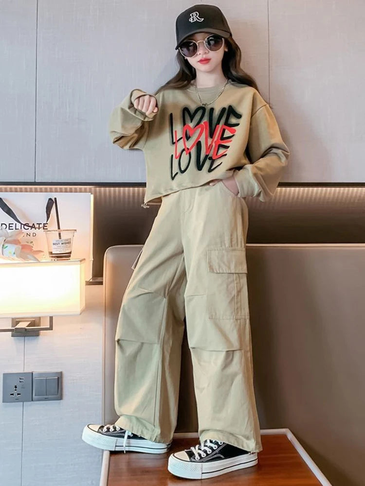 Kid Girls Sweater+Cargo Pants 2Pcs Suit Autumn Teen Clothing Set Fashion Letter Printing Outfits Spring New Tracksuit 3-14 Years