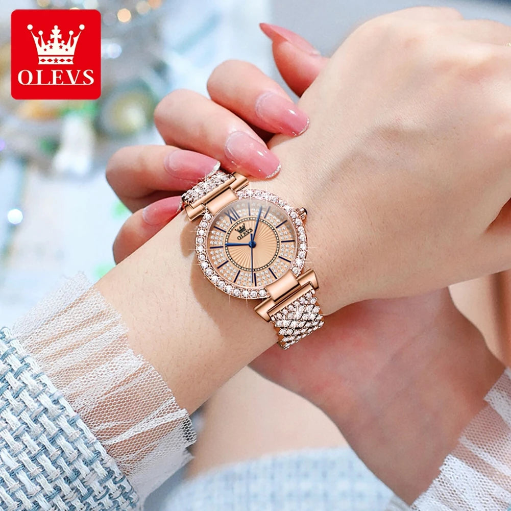 OLEVS 9942 Women's Watches Full Diamond Stainless steel Rose Gold Fashion Elegant Wristwatch Ladies Luxury Brand Women Watch Set