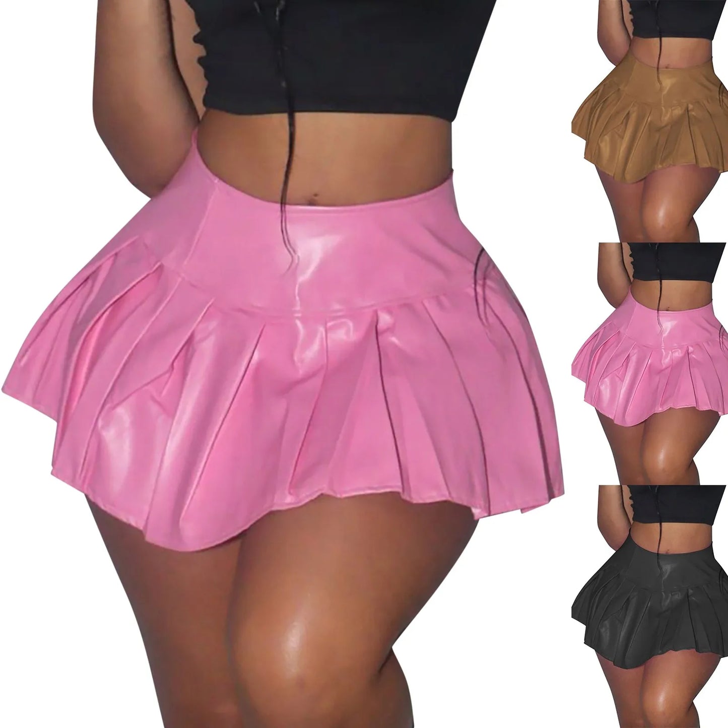 Women's A-Line Short Mini Skirts Glossy Latex Leather Flared Miniskirt Club Bar Pole Dance Skirts Performance Costumes Bottoms