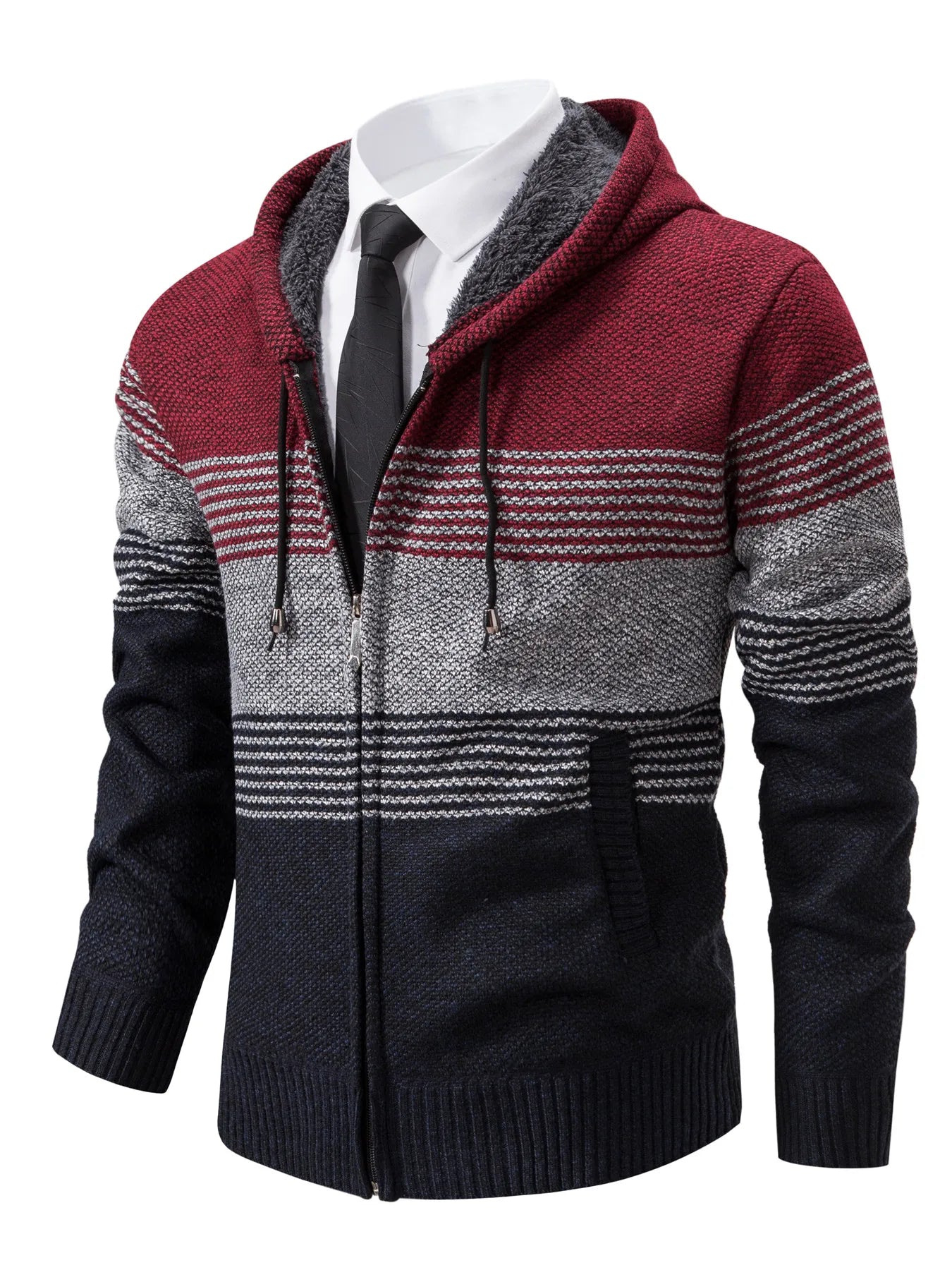 Men's Hooded Knit Jacket, Autumn and Winter Striped Sweater Jacket, Zipper Knit Jacket, Colorblocking Fleece Jacket, Casual Vers