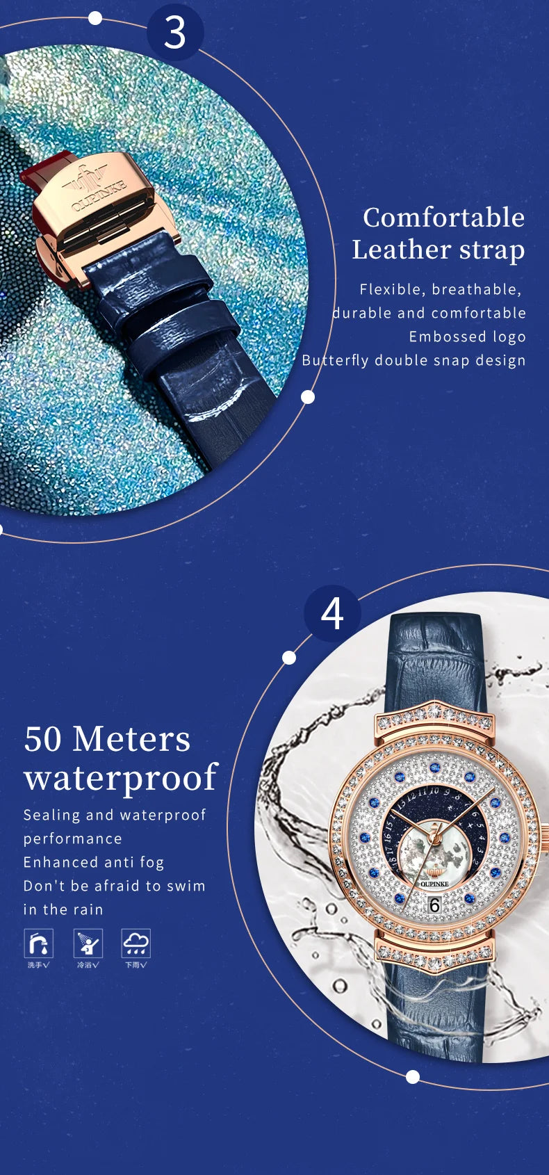 OUPINKE 3218 Imported Swiss Quartz Movement Watch for Women Starry Sky Fully Diamond Real Leather Strap Luxury Ladies Wristwatch