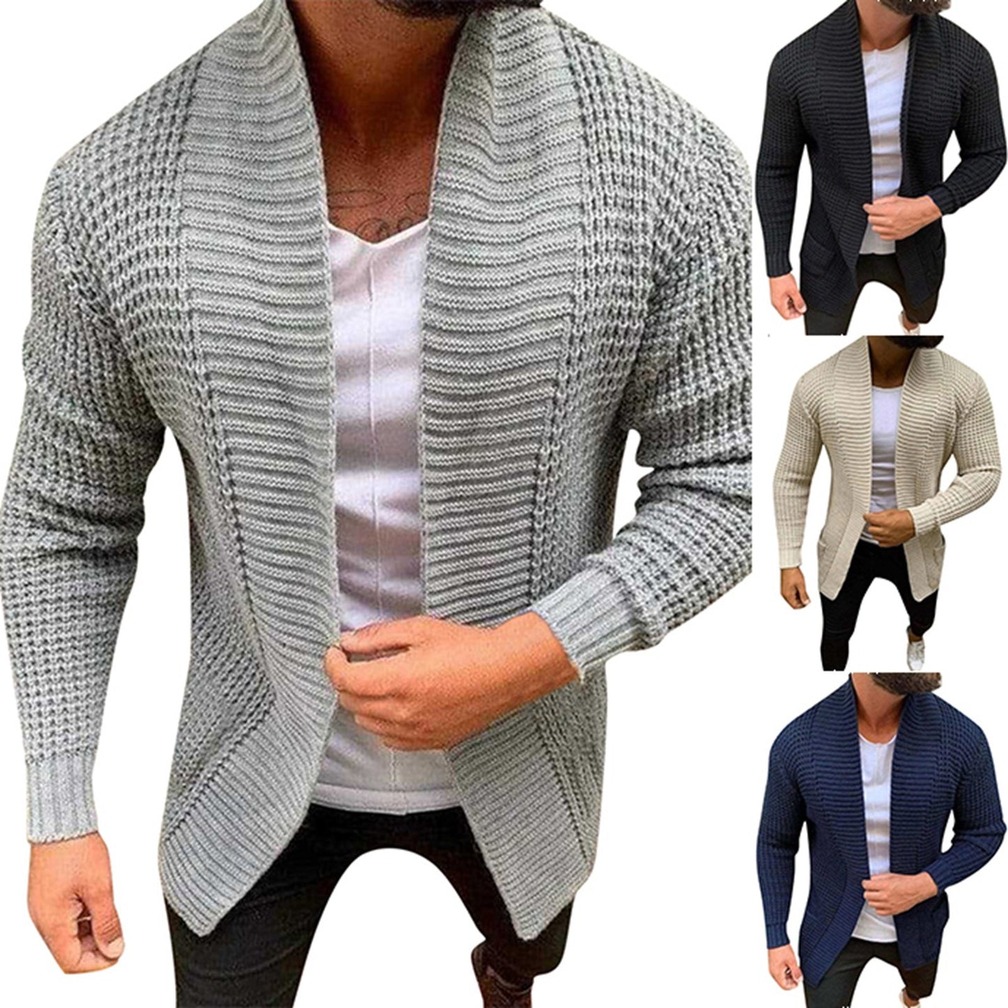 Autumn Winter Sweater Outerwear Men's Beige Knitted Cardigans Jacket Fashion Casual Long Sleeved Sweater Mens Mid Length Jacket