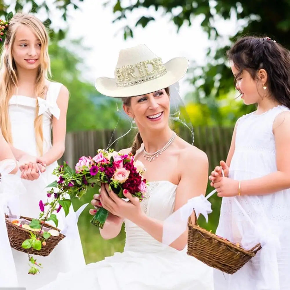 Bridal Cowboy Hat Rhinestone White Cowgirl Hat Wedding Bridal Shower Decoration 40*33*14cm Cowgirl Hat For Weddings & Showers