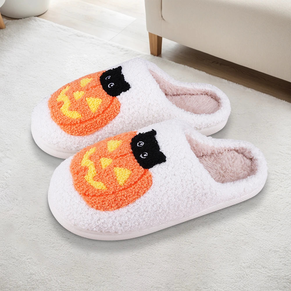 Men Women Slippers Cute Halloween Pumpkin Cat Casual Slippers for Winter Indoor Thermal Shoes Anti Slip Fluffy Footwear Slides