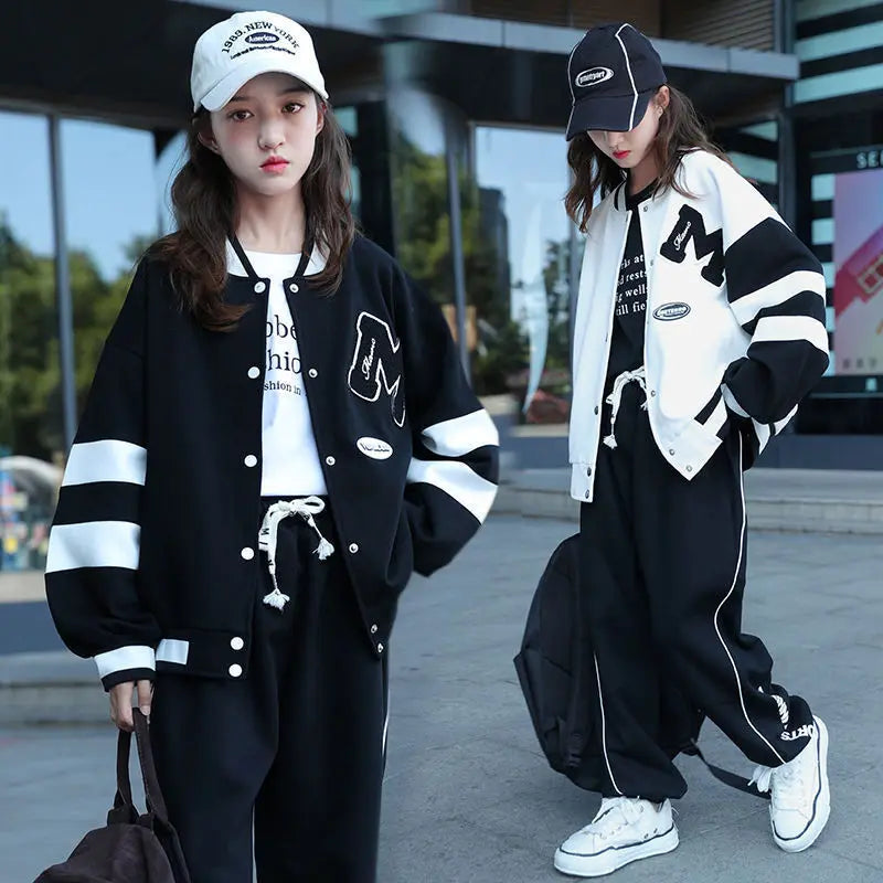 Girls Contrast Alphabet Single-breasted Sweat Varsity Jacket+Drawstring Sweatpant Set School Kids Tracksuit Child Outfit 3-14Yrs