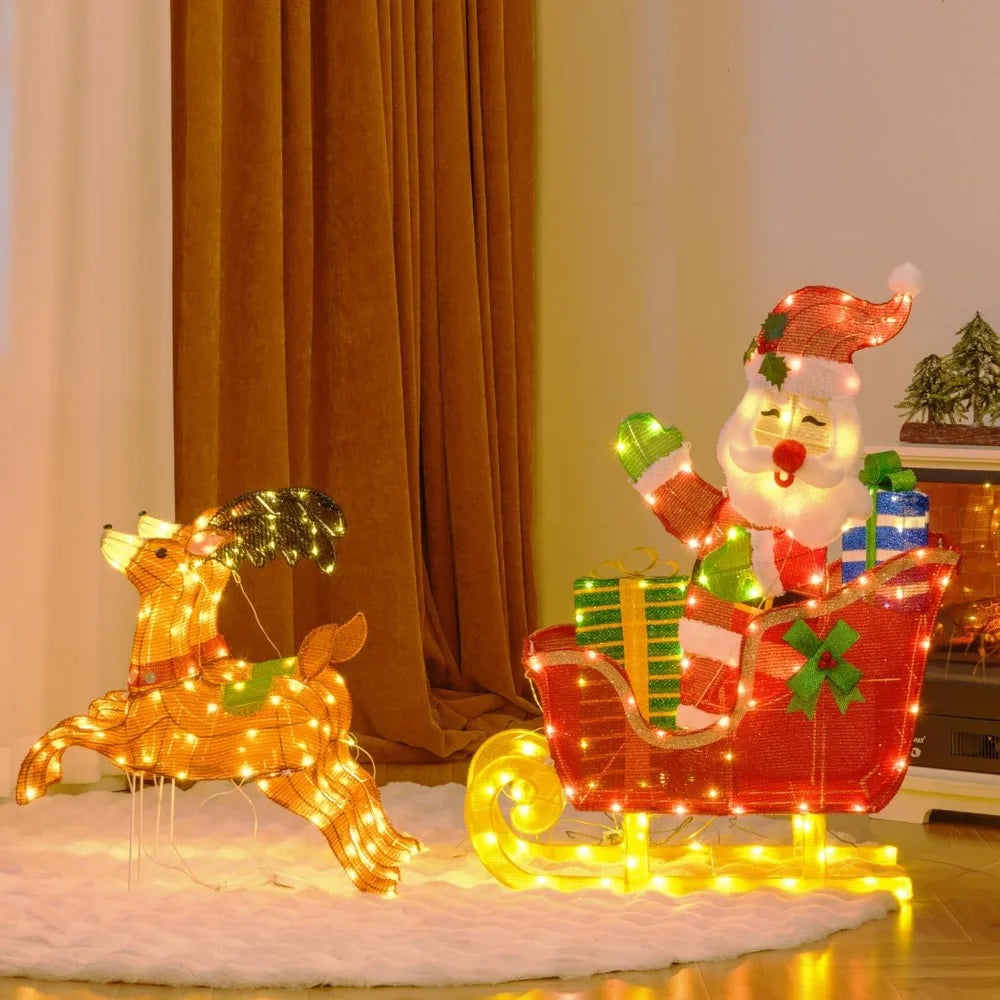 5 FT Christmas Lighted Reindeers with Santa Claus Sleigh, Outdoor Light-up Xmas Decoration Set with 239 LED Lights, 12