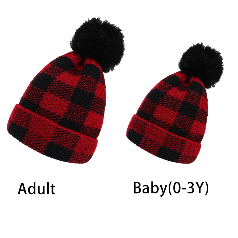 Parent-Child Christmas Hat Big Pompom Mother Kids Knit Beanie Cap Winter Warm Infant Bonnet Girls Boy Xmas Baby Accessories 1PC