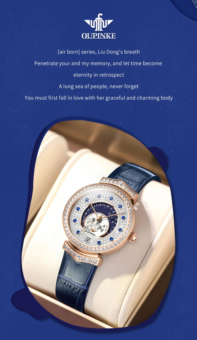 OUPINKE 3218 Imported Swiss Quartz Movement Watch for Women Starry Sky Fully Diamond Real Leather Strap Luxury Ladies Wristwatch