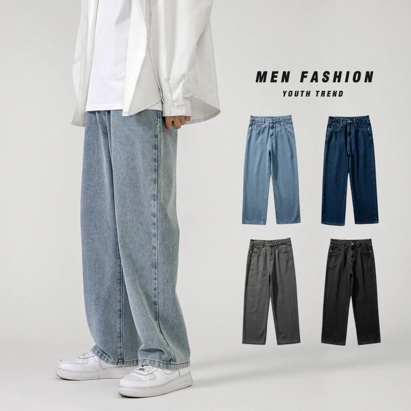 Korean Fashion Men's Baggy Jeans Classic All-match Solid Color Straight-leg Denim Wide-leg Pants Male Light Blue Grey Black