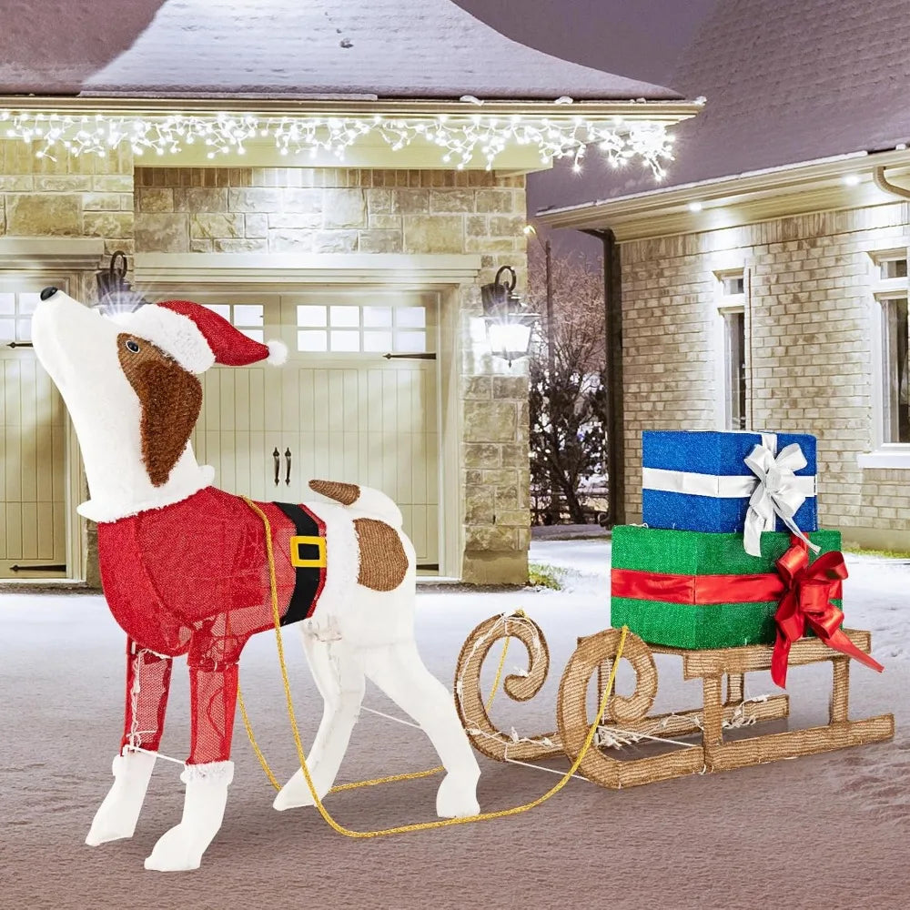 Lighted Christmas Dog with Sleigh & Gift Boxes Combo Decorations, Xmas Lighted Indoor Decorations, Pre-lit Christmas