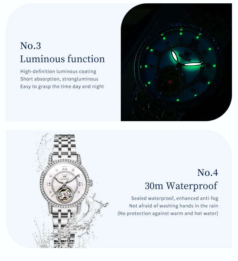 OLEVS Top Brand Women's Watches Elegant Shining Brightly Dial Original Wristwatch Waterproof Automatic Mechanical Flywheel Watch