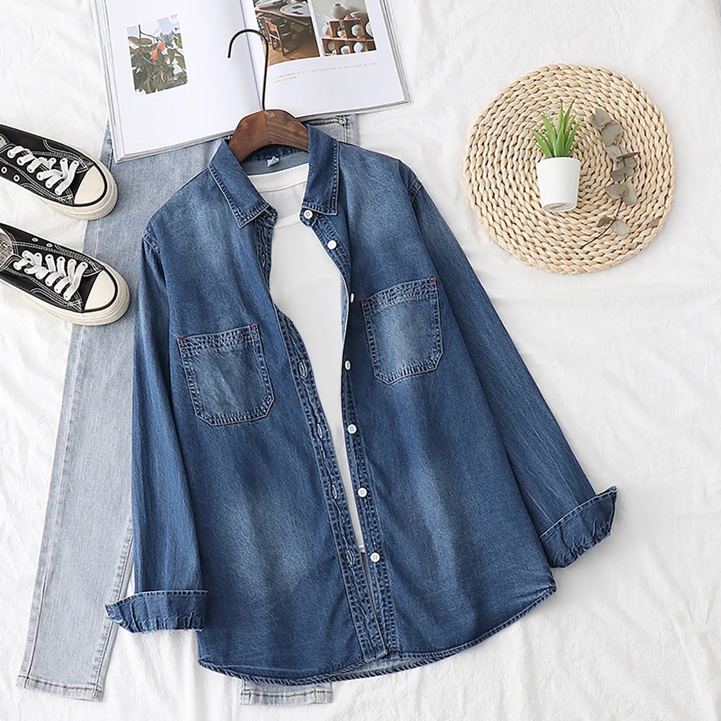 Retro Blue Women Denim Shirt New Korean Fashion Solid Single Breasted Shirt Top Long Sleeve Women Shirt Blouse Female Clothes