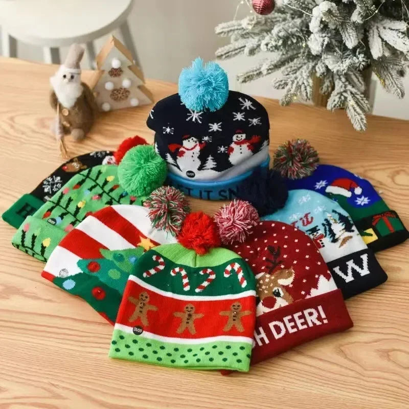 1pc LED Christmas Hat X-mas Flash Light Up Knitted Hat Warm Winter Cap Christmas Gift for Kids/Adults Xmas New Year Feative Hats