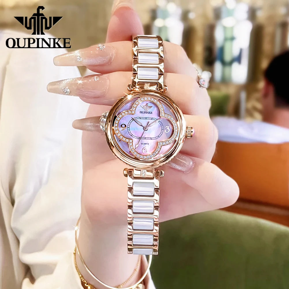 OUPINKE Original Elegant Fully Automatic Women's Mechanical Watches Waterproof Ceramic Tape Lucky Grass Watch for Women Luxury