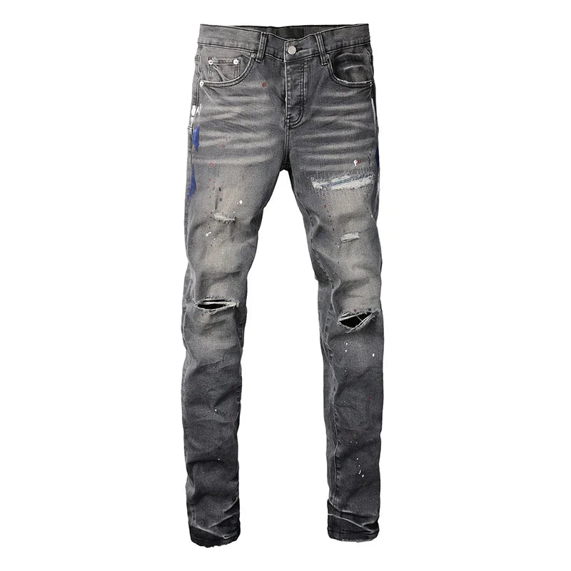 Men's Distressed Light Gray Skinny Americans High Street Style Graffiti Slim Fit Ripped Holes Jeans