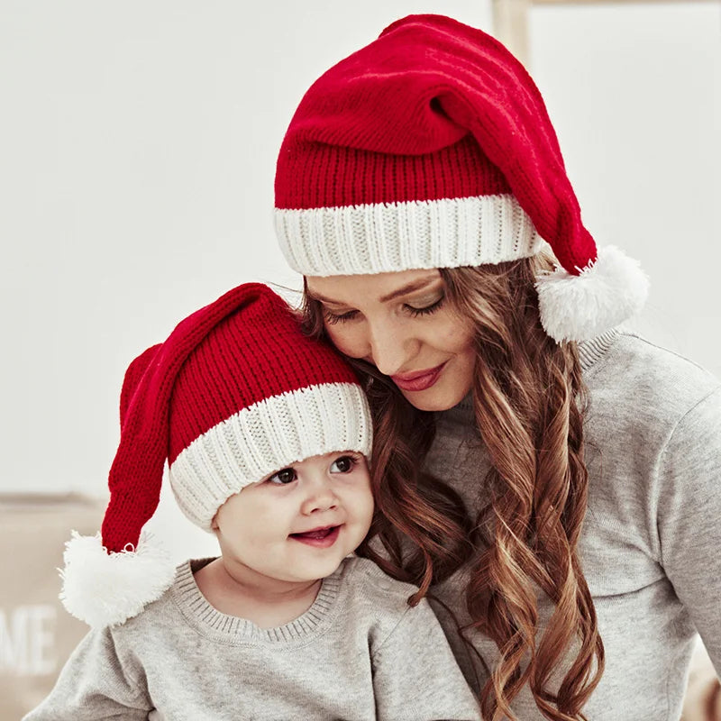 Parent-Child Christmas Hat Big Pompom Mother Kids Knit Beanie Cap Winter Warm Infant Bonnet Girls Boy Xmas Baby Accessories 1PC