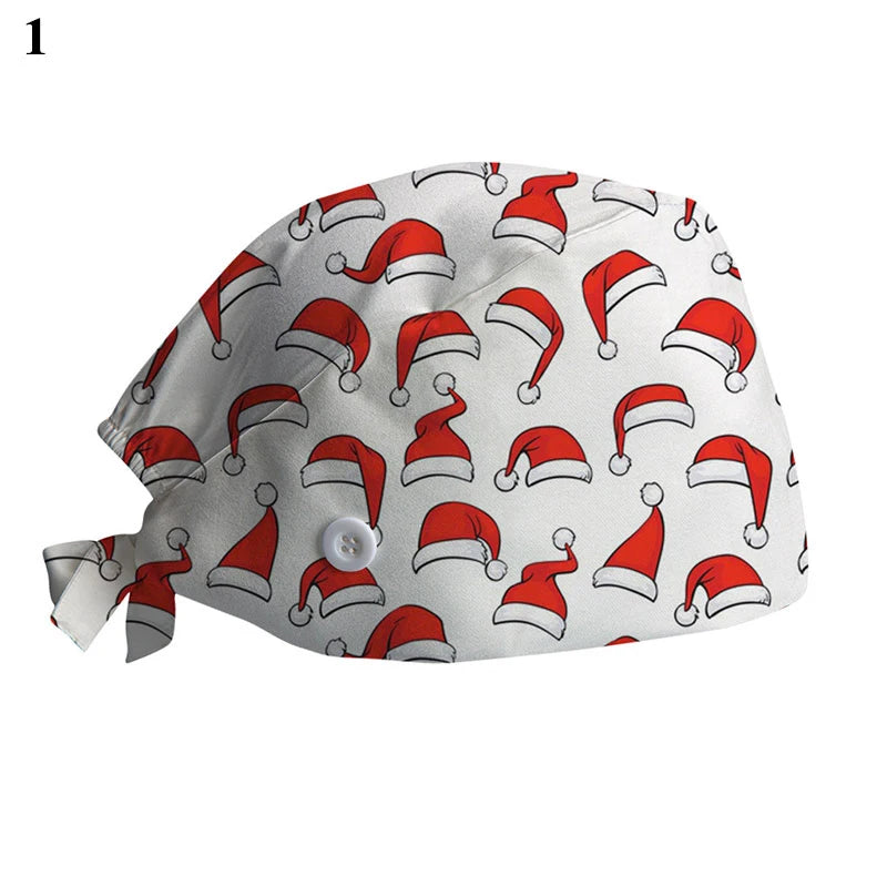 New Christmas Scrubs Caps Santa Claus Print Cap Pet Grooming Agency Work Scrubs Hat Beauty Work Hats Lab Nursing Cap