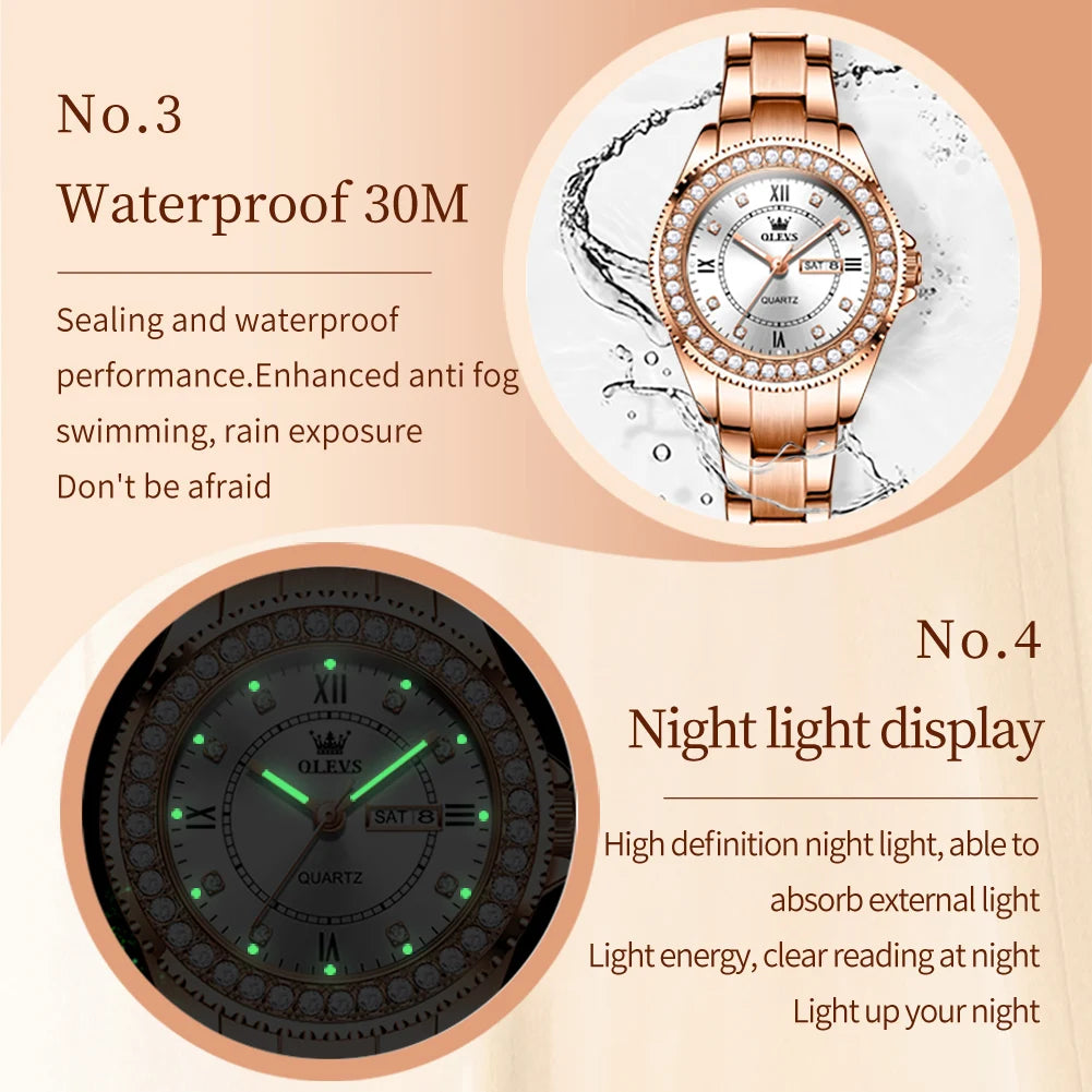 OLEVS Top Original Diamond Quartz Watch for Women Stainless Steel Waterproof Luminous Dual Calendar Luxury Women's Wristwatches