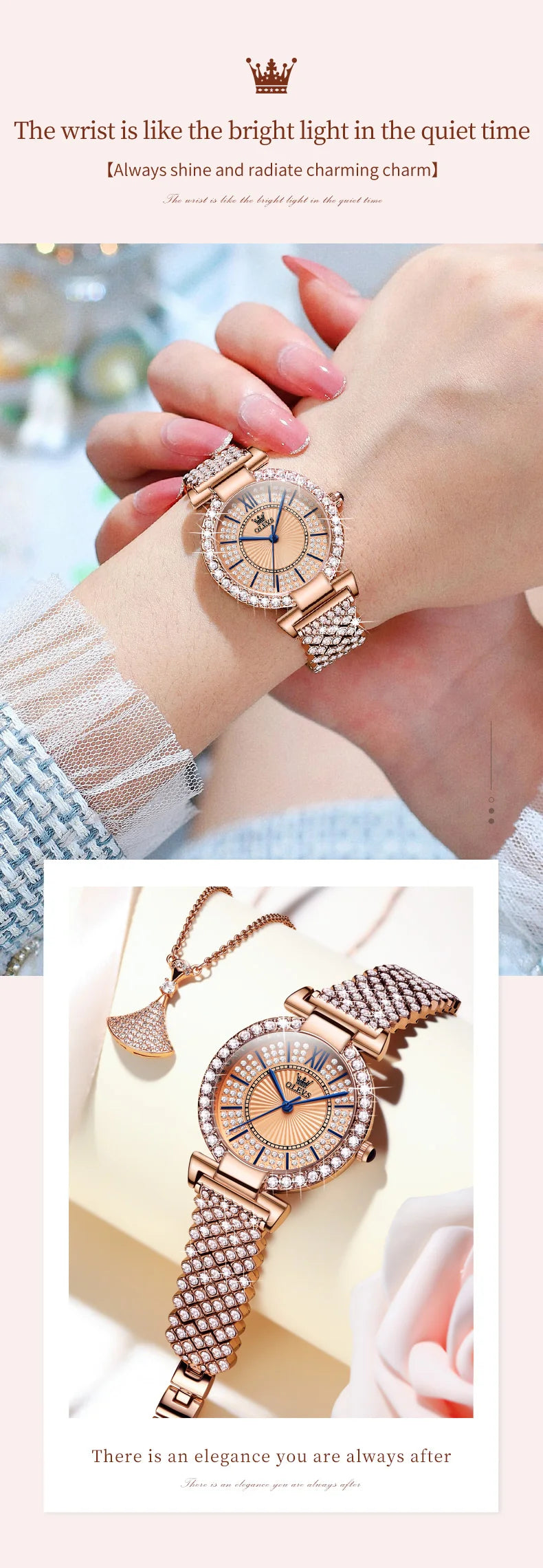 OLEVS 9942 Women's Watches Full Diamond Stainless steel Rose Gold Fashion Elegant Wristwatch Ladies Luxury Brand Women Watch Set