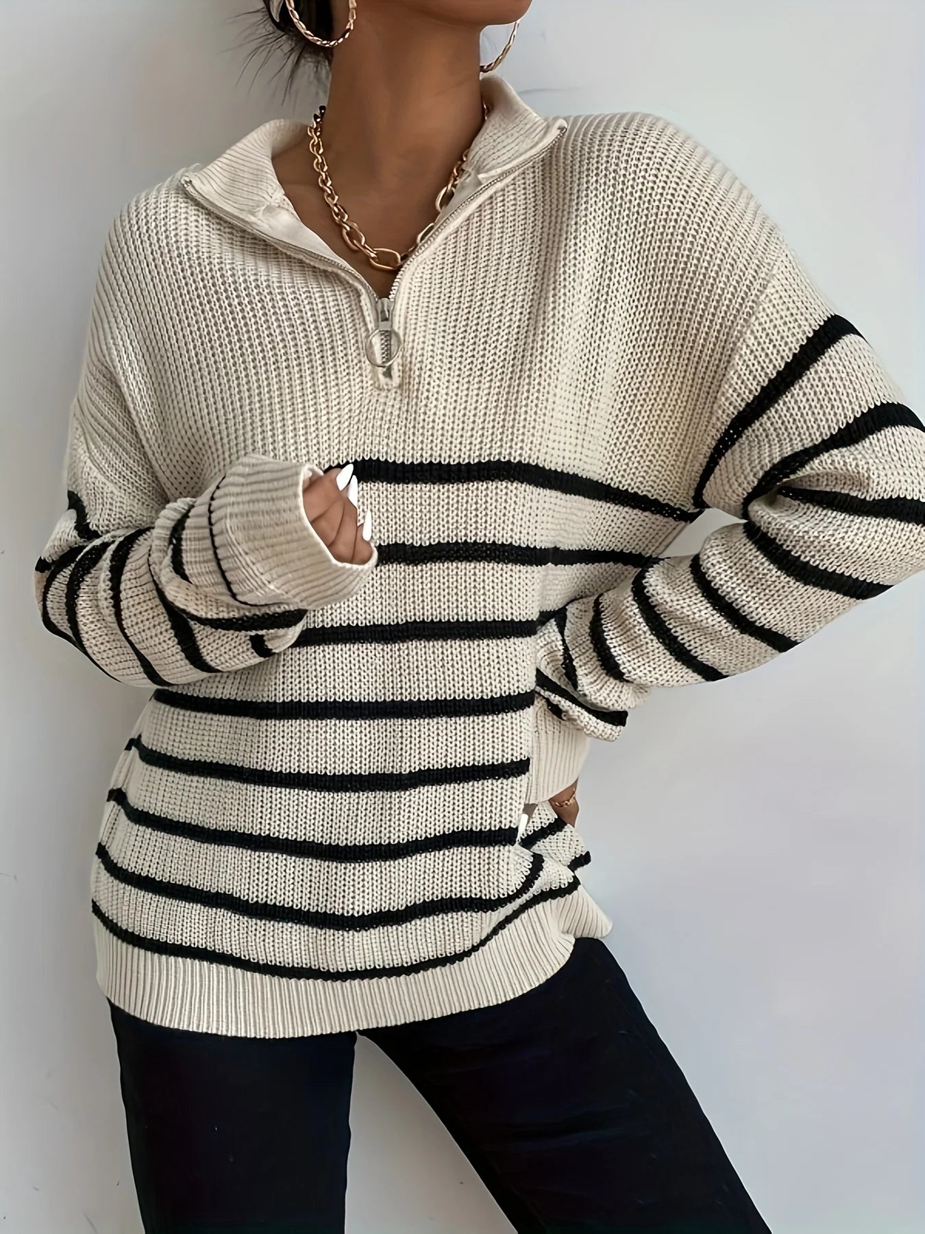 Plus Size Women's Autumn Fashion Striped Knitted Sweater with Lapel Long Sleeved Zipper Sweater Commuting Casual Holiday Top