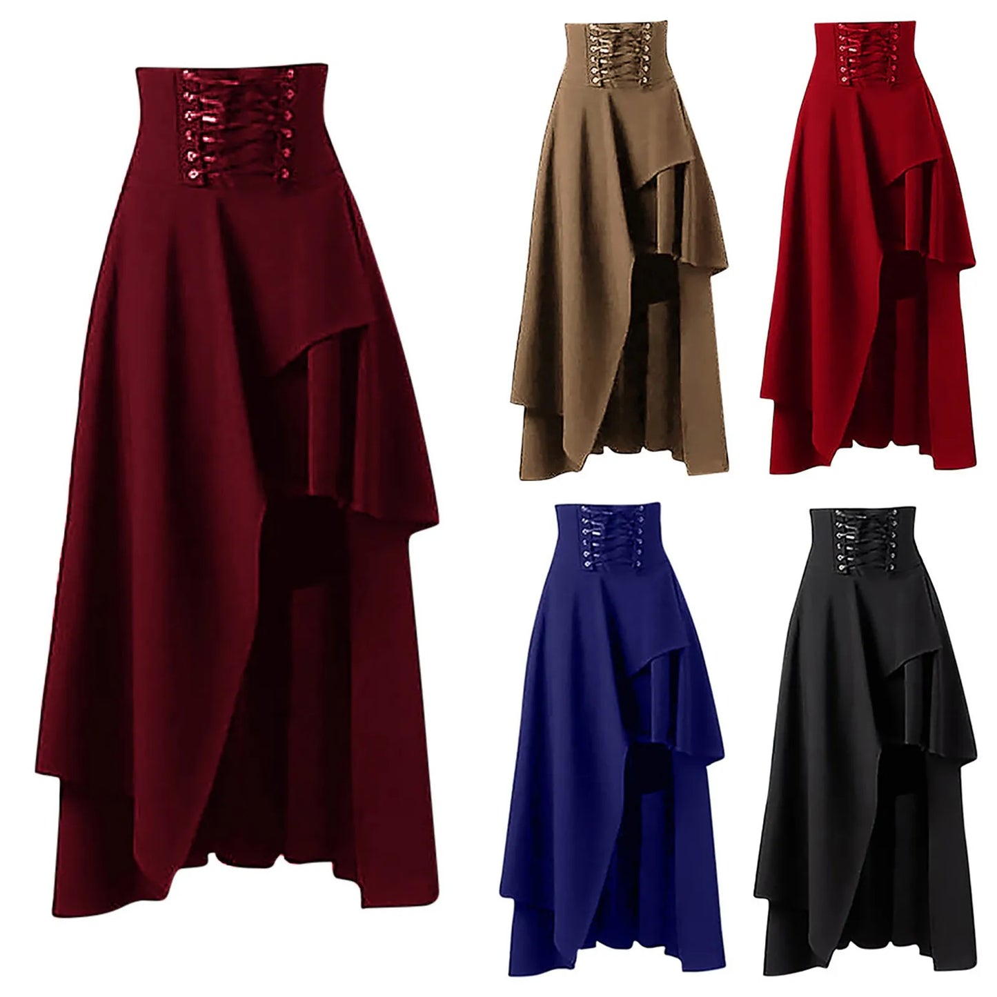 Vintage Women Gothic Skirts 19s Medieval Lace-Up A Line Midi Skirt Black Victorian Asymmetrical Skirt Y2K Costumes Faldas