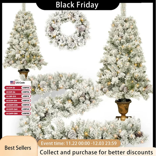 Christmas Tree Set of 4pc, Set of 2 Artificial Potted Entrance Trees with Lights 9FT Garland for Fireplace Front Christmas Trees