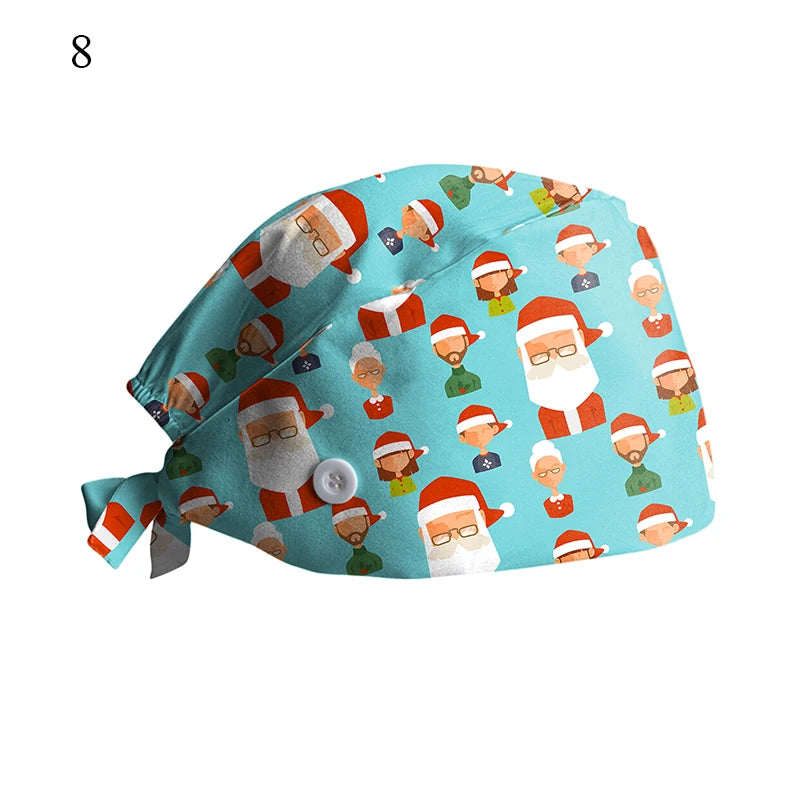 New Christmas Scrubs Caps Santa Claus Print Cap Pet Grooming Agency Work Scrubs Hat Beauty Work Hats Lab Nursing Cap