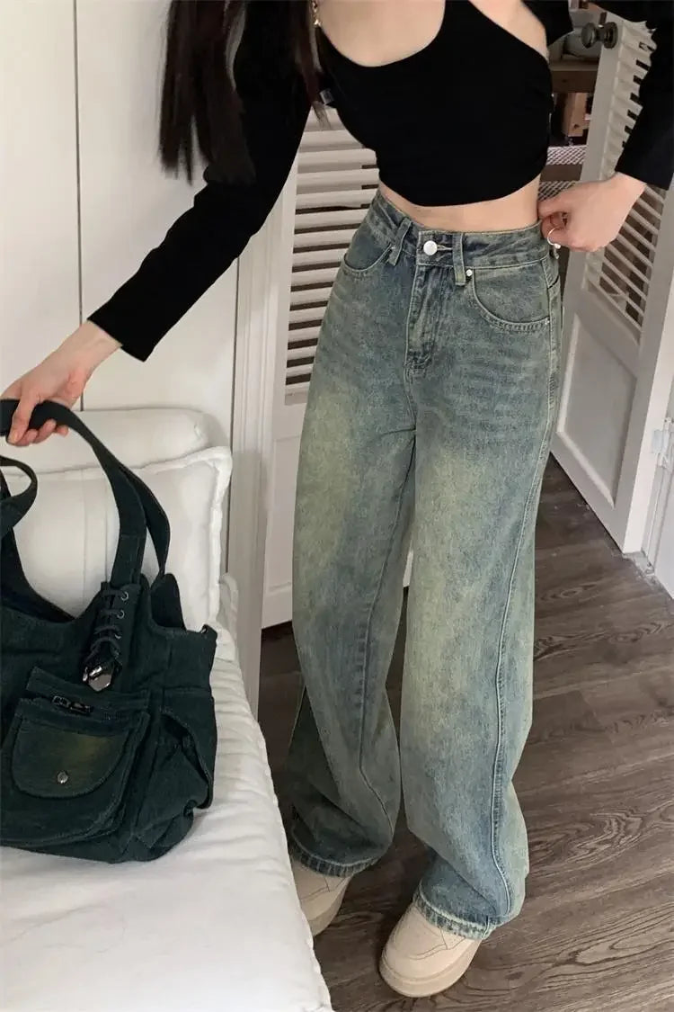 Vintage High-waisted Slimming Jeans American Style Casual Bell Bottoms Versatile Straight-leg Long Pants For Women