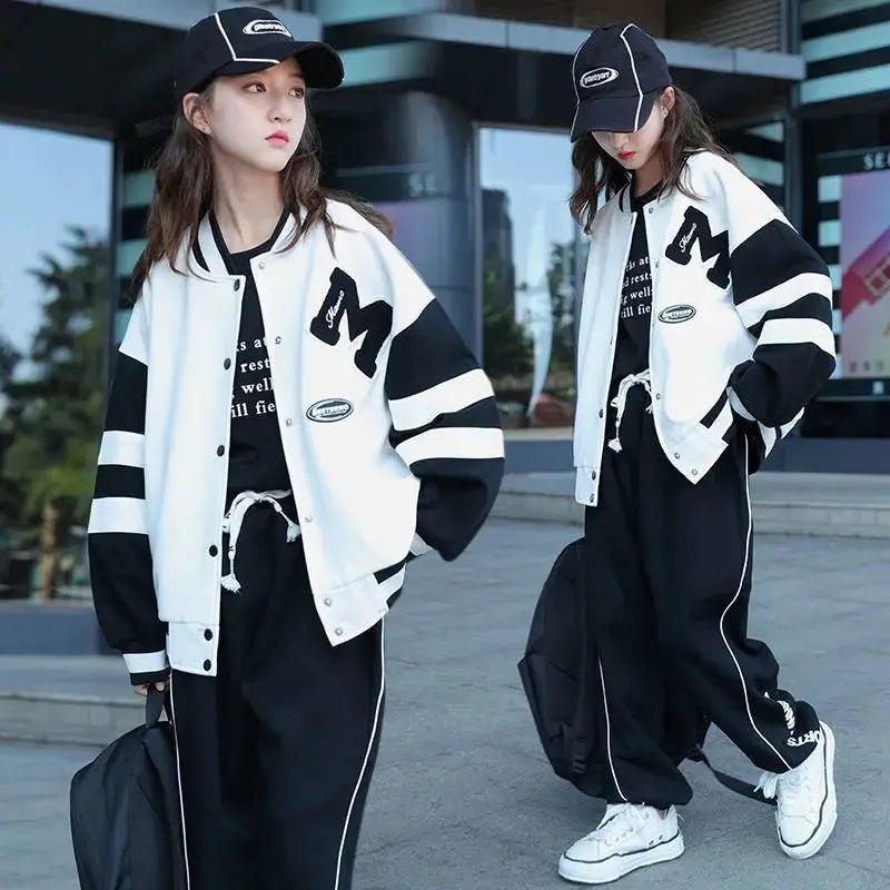 Girls Contrast Alphabet Single-breasted Sweat Varsity Jacket+Drawstring Sweatpant Set School Kids Tracksuit Child Outfit 3-14Yrs