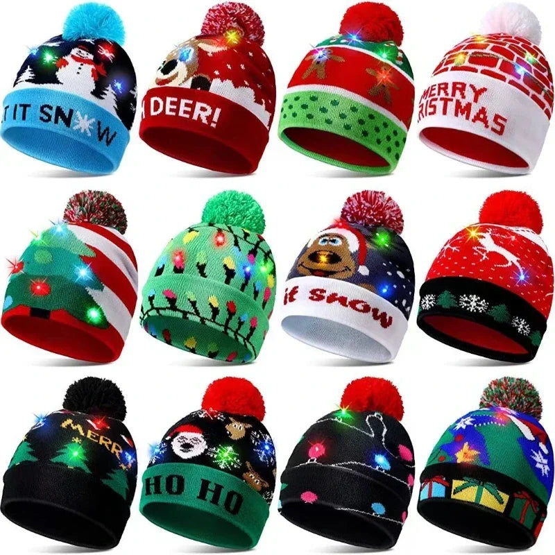 1pc LED Christmas Hat X-mas Flash Light Up Knitted Hat Warm Winter Cap Christmas Gift for Kids/Adults Xmas New Year Feative Hats