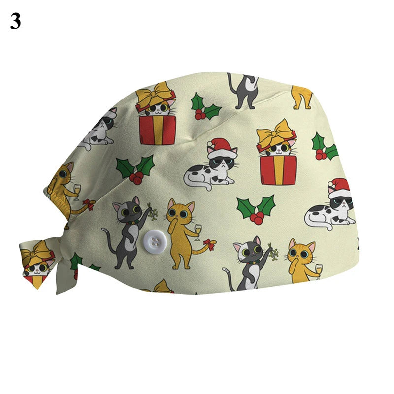 New Christmas Scrubs Caps Santa Claus Print Cap Pet Grooming Agency Work Scrubs Hat Beauty Work Hats Lab Nursing Cap