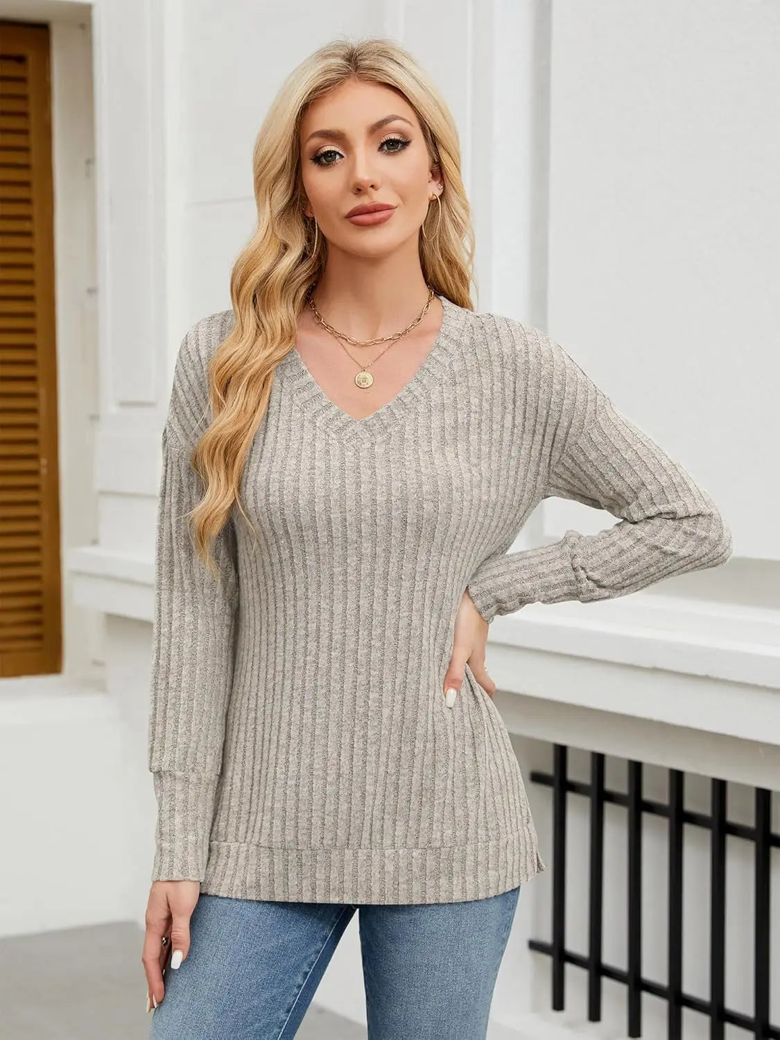 Womens V Neck Sweaters Lightweight Long Sleeve Tunic Tops Shirts Casual Sweatshirt Trendy