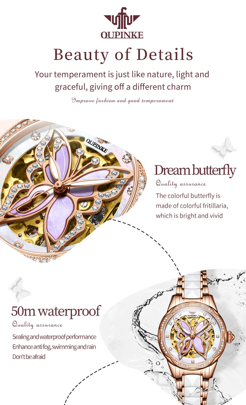 OUPINKE 3239 Elegant Ceramic Automatic Machinery Women's Watch Luxury Diamond Butterfly Skeleton Women Bracelet Set Reloj Mujer