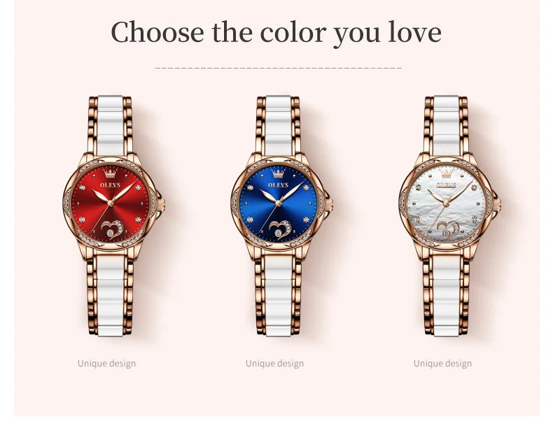 OLEVS 6631 Luxury Date Mechanical Watch For Women Original Ceramic Steel Strap Woman Wristwatch Deep Waterproof Dress Watches