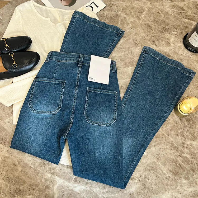 New High Waist Trousers Loose Washed Jeans Pockets Slim Denim Flare Classic Women Vintage Stretch Straight Trousers All-match